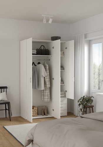 TVILUM space garderobeskab - rektangul�rt, hvidt tr�, 3 l�ger og 3 skuffer