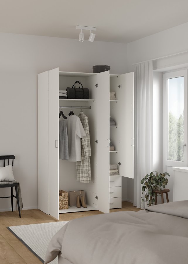 TVILUM space garderobeskab - rektangul�rt, hvidt tr�, 3 l�ger og 3 skuffer