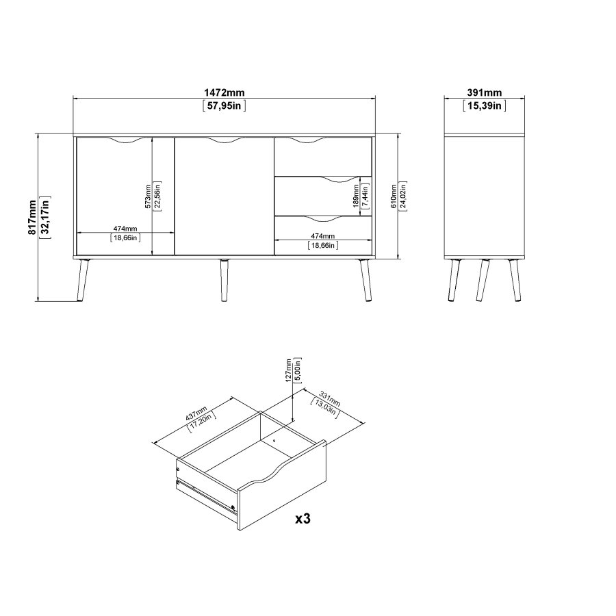 TVILUM Delta sk&auml;nk - vit/ekstruktur, med 2 d&ouml;rrar och 3 l�dor