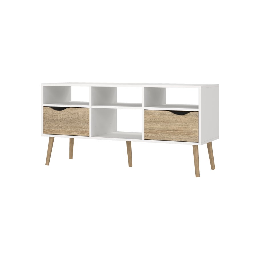 TVILUM Delta tv-bord - rektangul&auml;rt, vit/ekstruktur, med 2 l�dor och 4 fack