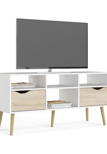 TVILUM Delta TV-bord - hvid/egestruktur, 2 skuffer og 4 rum