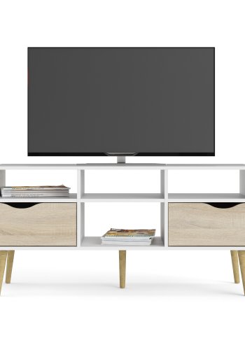 TVILUM Delta TV-bord - hvid/egestruktur, 2 skuffer og 4 rum