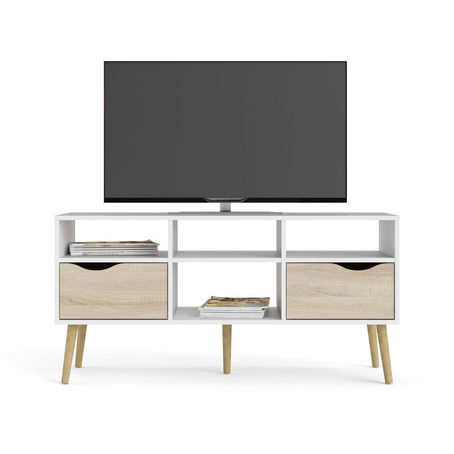 TVILUM Delta tv-bord - rektangul&auml;rt, vit/ekstruktur, med 2 l�dor och 4 fack