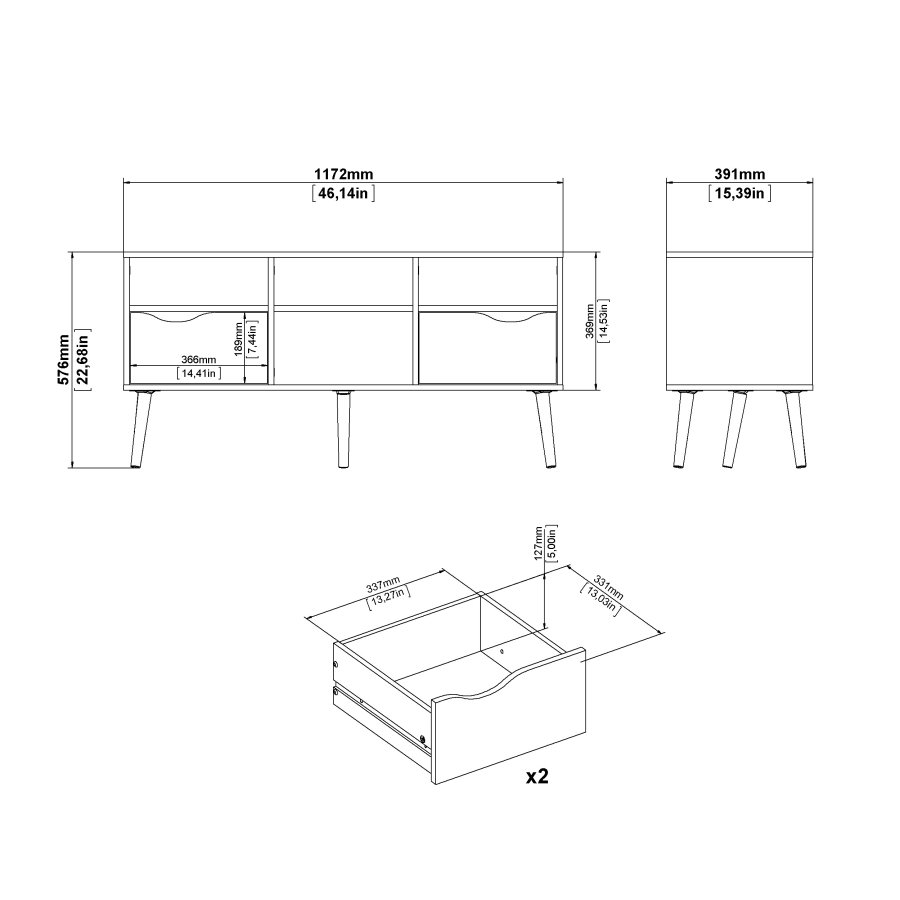 TVILUM Delta tv-bord - rektangul&auml;rt, vit/ekstruktur, med 2 l�dor och 4 fack