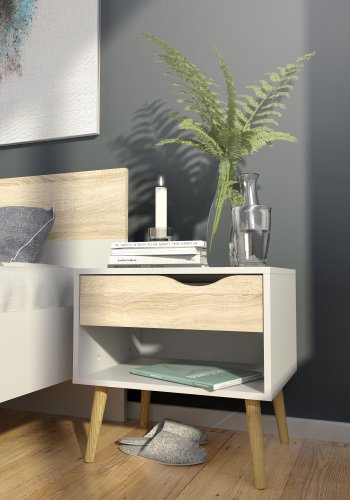 TVILUM Delta s&auml;ngbord - vit/egstruktur, med 1 l�da