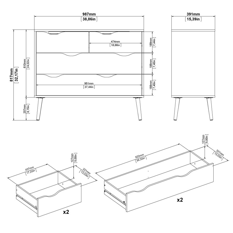 TVILUM Delta kommode - hvid egetr�struktur, med 4 skuffer