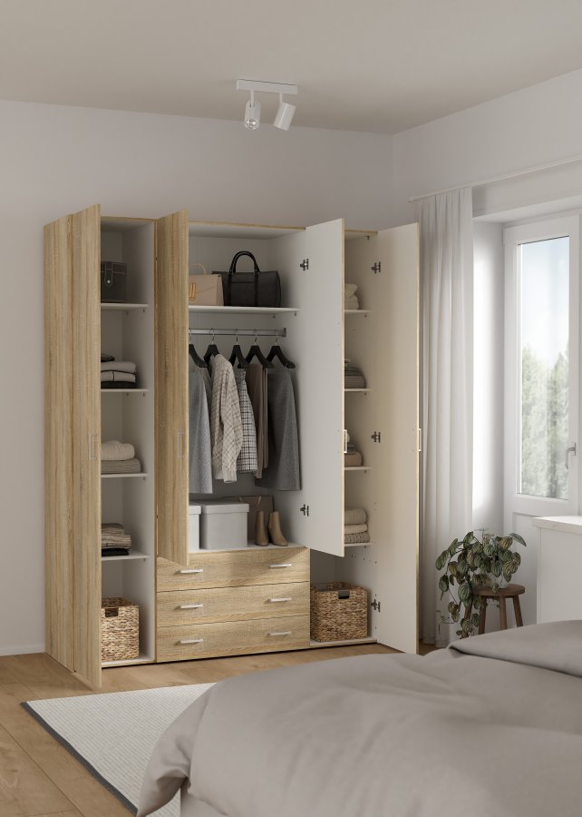 TVILUM space garderobeskab - egestruktur, med 4 l�ger og 3 skuffer