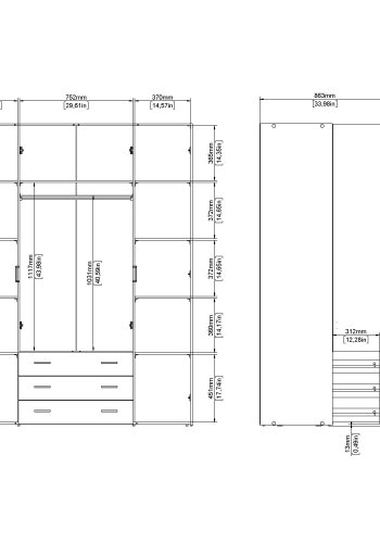 TVILUM space garderobeskab - egestruktur, med 4 l�ger og 3 skuffer