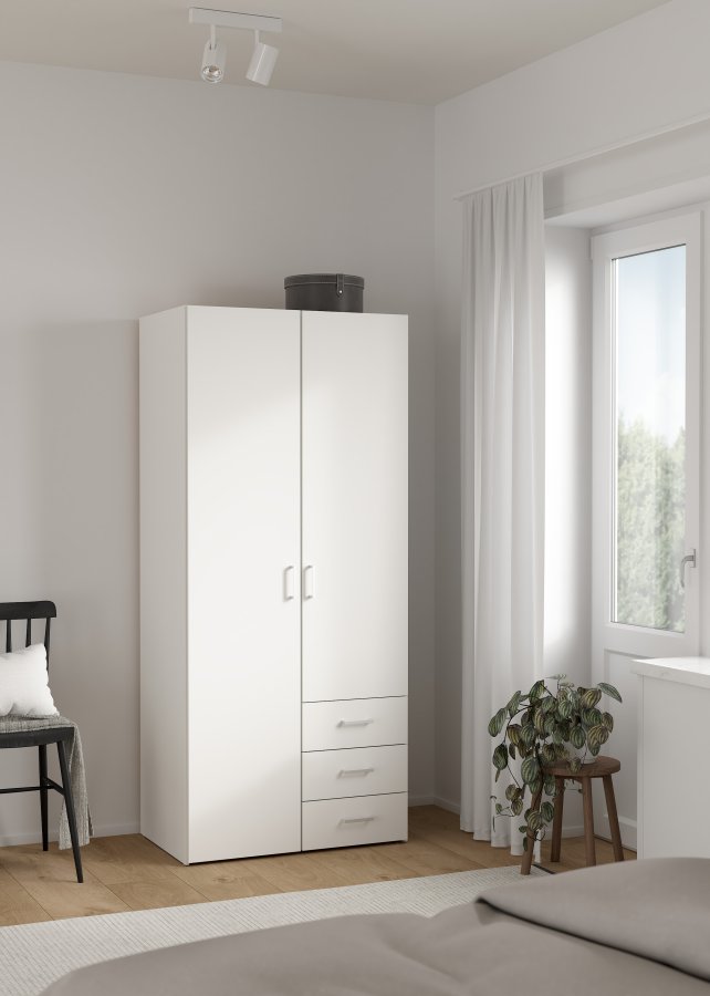 TVILUM Space garderobeskab - hvidt tr� (komposittr�), laminatoverflade, 2 l�ger og 3 skuffer