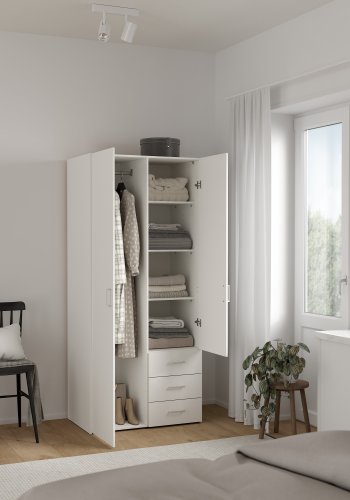 TVILUM Space garderobeskab - hvidt tr� (komposittr�), laminatoverflade, 2 l�ger og 3 skuffer