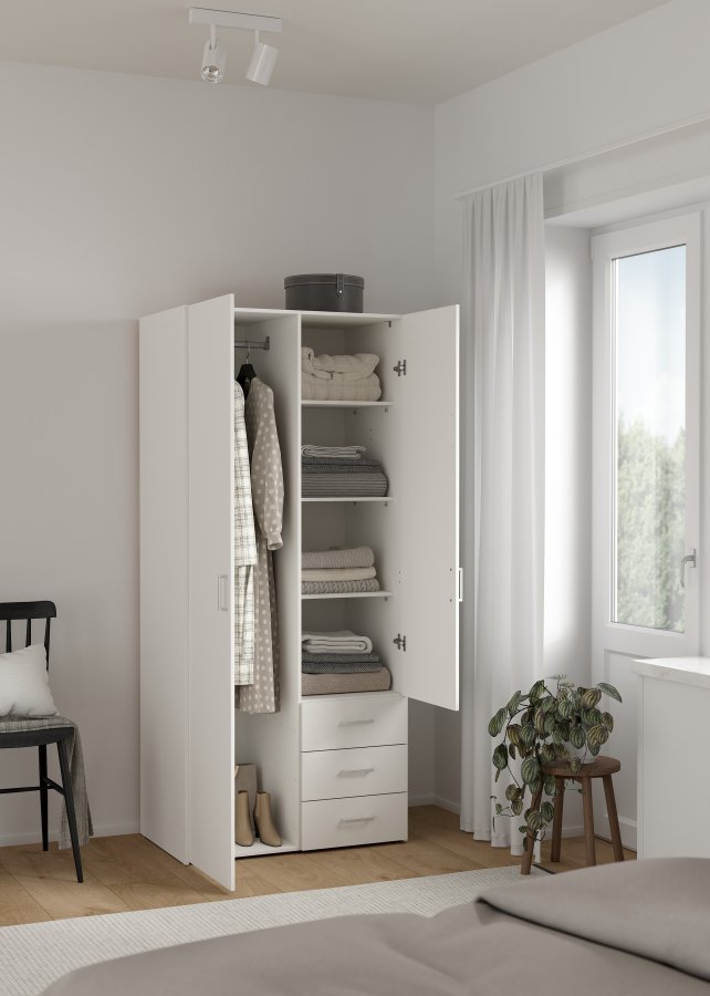 TVILUM Space garderobeskab - hvidt tr� (komposittr�), laminatoverflade, 2 l�ger og 3 skuffer