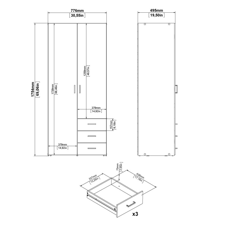 TVILUM Space garderobeskab - hvidt tr� (komposittr�), laminatoverflade, 2 l�ger og 3 skuffer