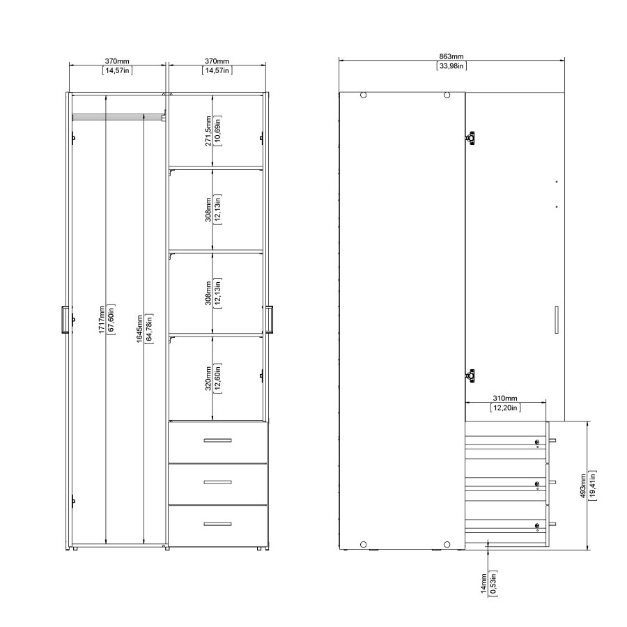 TVILUM Space garderobeskab - hvidt tr� (komposittr�), laminatoverflade, 2 l�ger og 3 skuffer