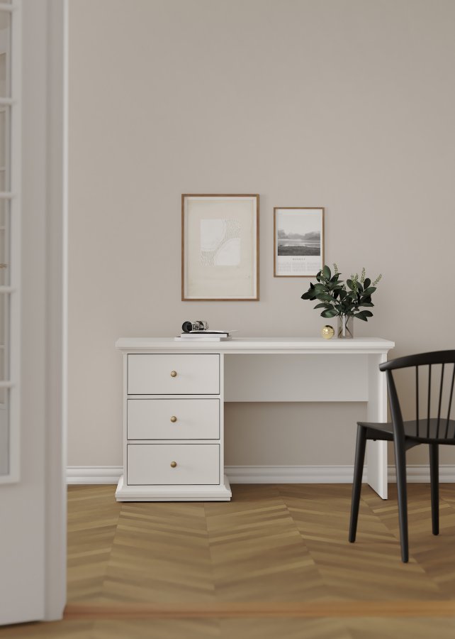 TVILUM Paris rektangul�rt skrivebord - hvit kompositttre, med 3 skuffer