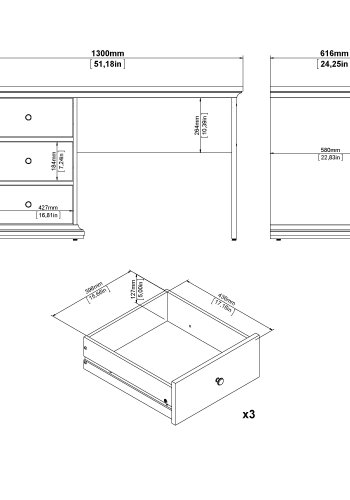 TVILUM Paris rektangul�rt skrivebord - hvit kompositttre, med 3 skuffer