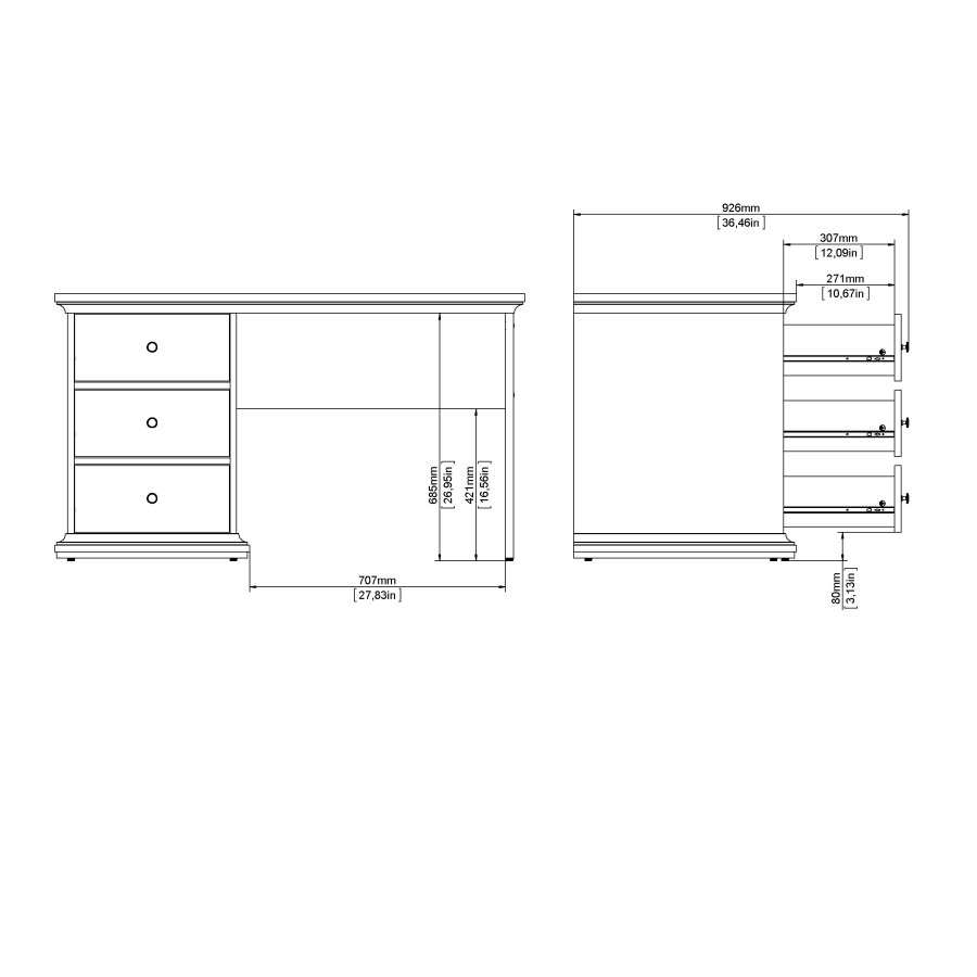 TVILUM Paris rektangul�rt skrivebord - hvit kompositttre, med 3 skuffer
