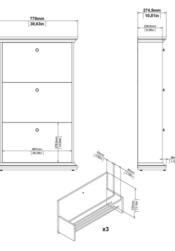TVILUM Paris skosk�p - vit laminat, med 3 l�dor