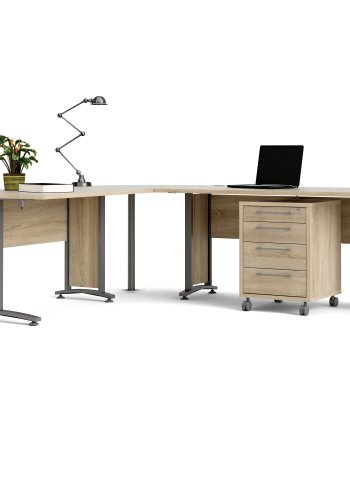 TVILUM Prima hj�rneskrivebord - natur melaminbelagt tr�, st�lstel, 4 skuffer