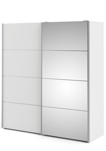 TVILUM Verona skjutd&ouml;rrsgarderob - vit laminat och spegelglas, 2 skjutd&ouml;rrar med hyllor