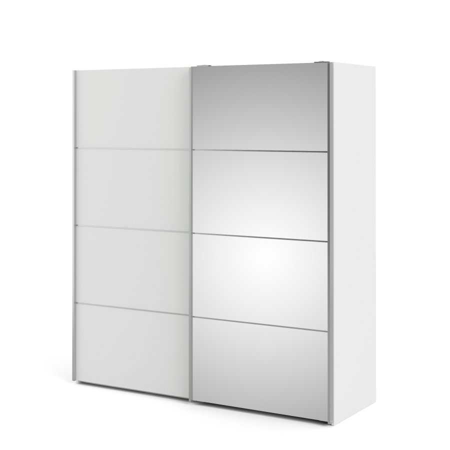 TVILUM Verona skjutd&ouml;rrsgarderob - vit laminat och spegelglas, 2 skjutd&ouml;rrar med hyllor