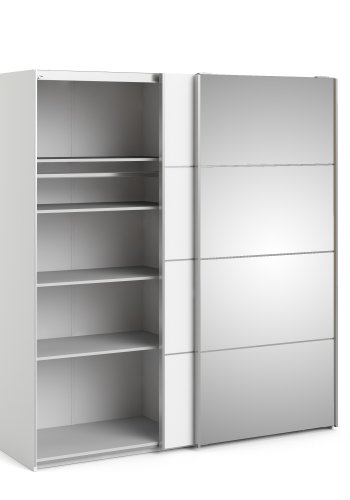 TVILUM Verona skjutd&ouml;rrsgarderob - vit laminat och spegelglas, 2 skjutd&ouml;rrar med hyllor