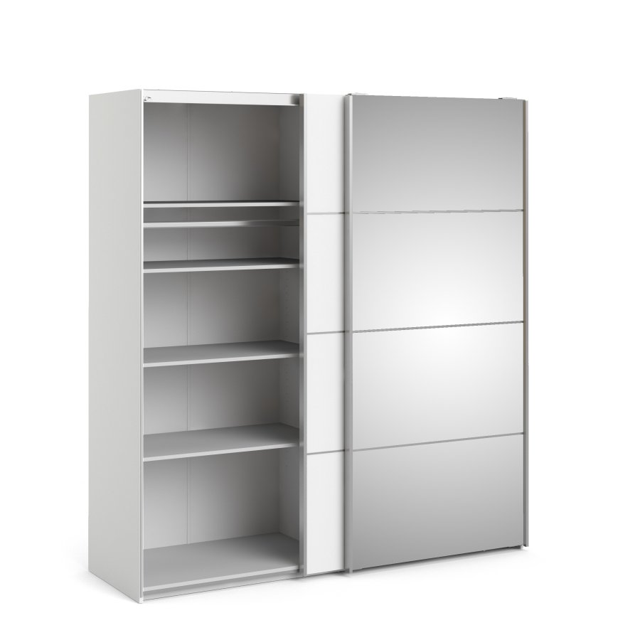 TVILUM Verona skjutd&ouml;rrsgarderob - vit laminat och spegelglas, 2 skjutd&ouml;rrar med hyllor