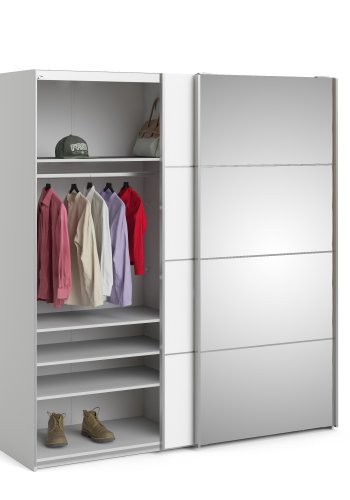 TVILUM Verona skjutd&ouml;rrsgarderob - vit laminat och spegelglas, 2 skjutd&ouml;rrar med hyllor