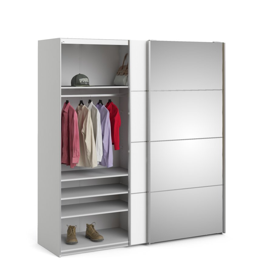 TVILUM Verona skjutd&ouml;rrsgarderob - vit laminat och spegelglas, 2 skjutd&ouml;rrar med hyllor