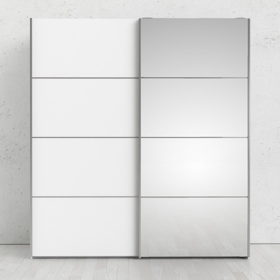 TVILUM Verona skjutd&ouml;rrsgarderob - vit laminat och spegelglas, 2 skjutd&ouml;rrar med hyllor
