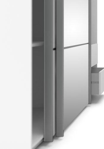 TVILUM verona skjutd&ouml;rrsgarderob - spegelglas och vitt laminat, 2 skjutd&ouml;rrar med hyllor och 3 l�dor