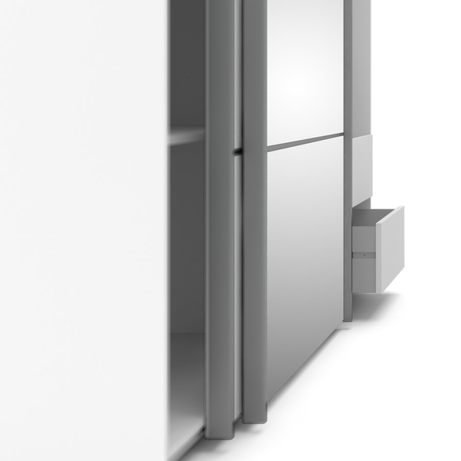 TVILUM verona skjutd&ouml;rrsgarderob - spegelglas och vitt laminat, 2 skjutd&ouml;rrar med hyllor och 3 l�dor