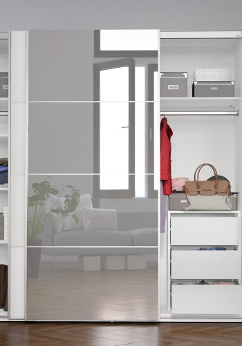 TVILUM verona skjutd&ouml;rrsgarderob - spegelglas och vitt laminat, 2 skjutd&ouml;rrar med hyllor och 3 l�dor