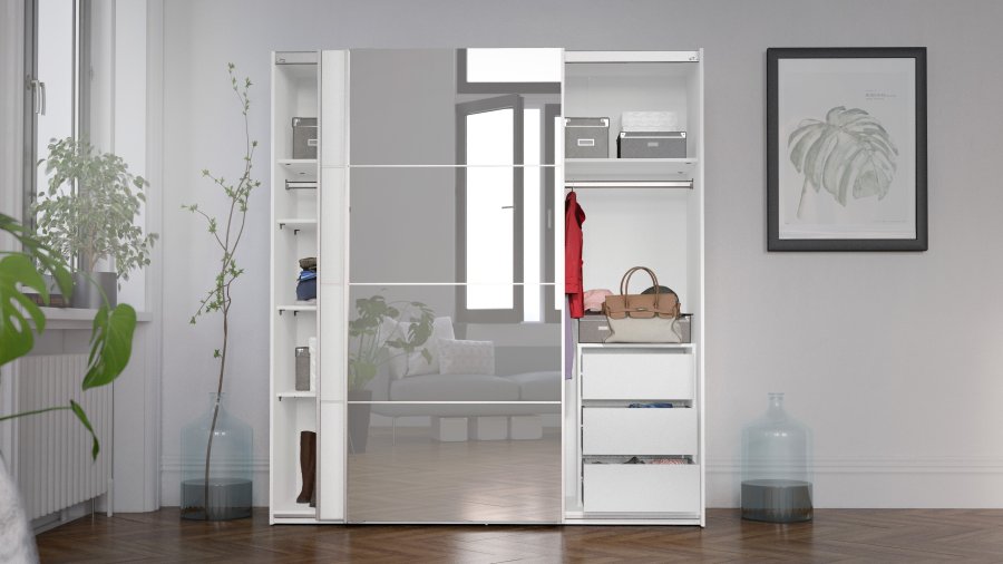 TVILUM verona skjutd&ouml;rrsgarderob - spegelglas och vitt laminat, 2 skjutd&ouml;rrar med hyllor och 3 l�dor