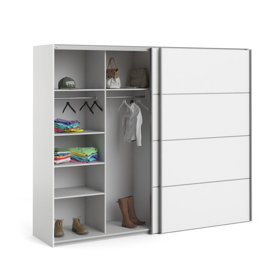 TVILUM Verona skjutd&ouml;rrsgarderob - vit tr&auml;, 2 skjutd&ouml;rrar, med hyllor, bred