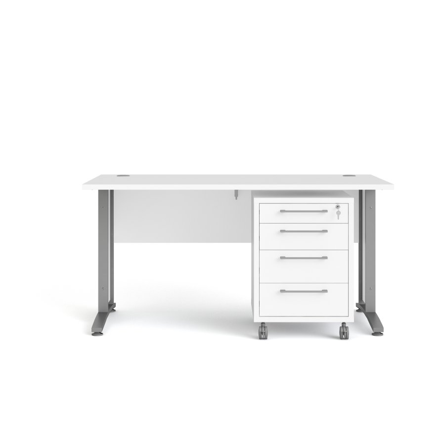 TVILUM Prima skrivebord, m. skuffeseksjon m. 4 skuffer - hvitt tre, st�lramme (150x80)