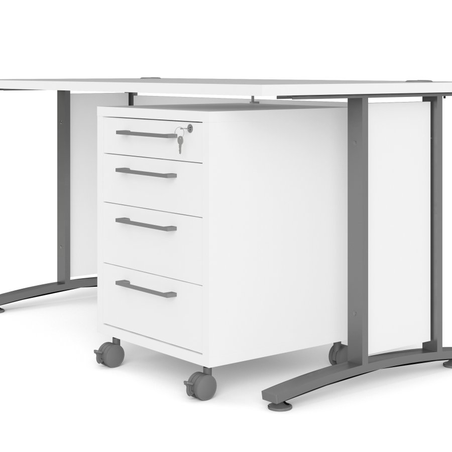 TVILUM Prima skrivebord, m. skuffeseksjon m. 4 skuffer - hvitt tre, st�lramme (150x80)