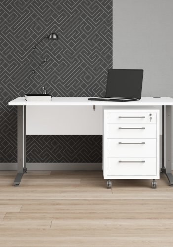 TVILUM Prima skrivebord, m. skuffeseksjon m. 4 skuffer - hvitt tre, st�lramme (150x80)