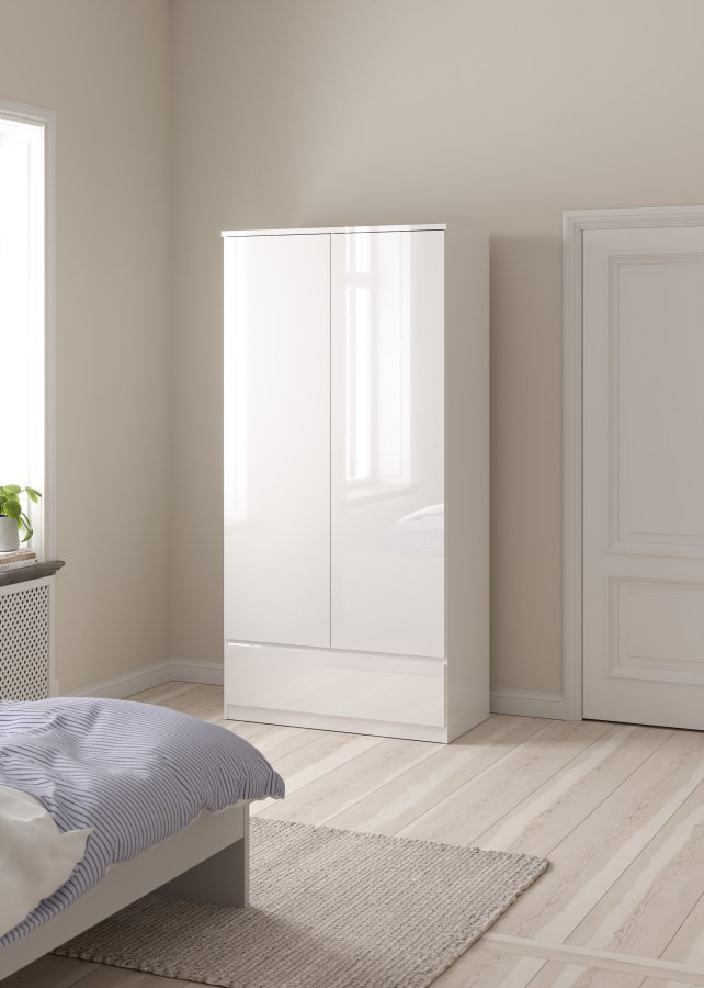 TVILUM Naia Garderob - Vitt H&ouml;gglans Tr&auml;, med 2 Luckor och 1 L�da