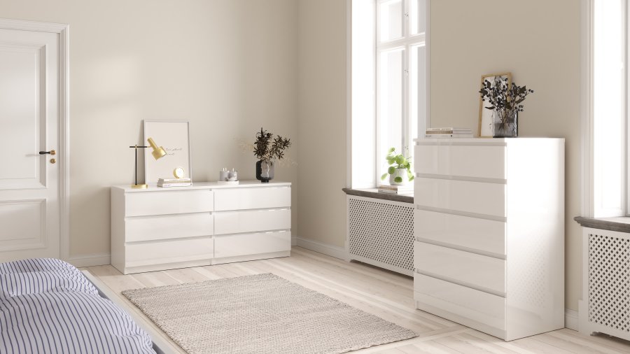 TVILUM Naia kommode - hvid h�jglans tr�, m. 5 skuffer