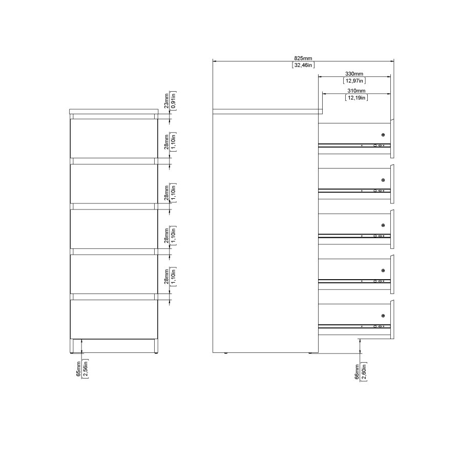 TVILUM Naia kommode - hvid h�jglans tr�, m. 5 skuffer, smal 