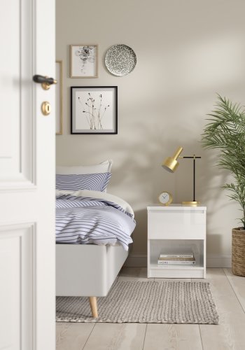 TVILUM Naia s&auml;ngbord - vit h&ouml;gglans tr&auml;, med 1 l�da