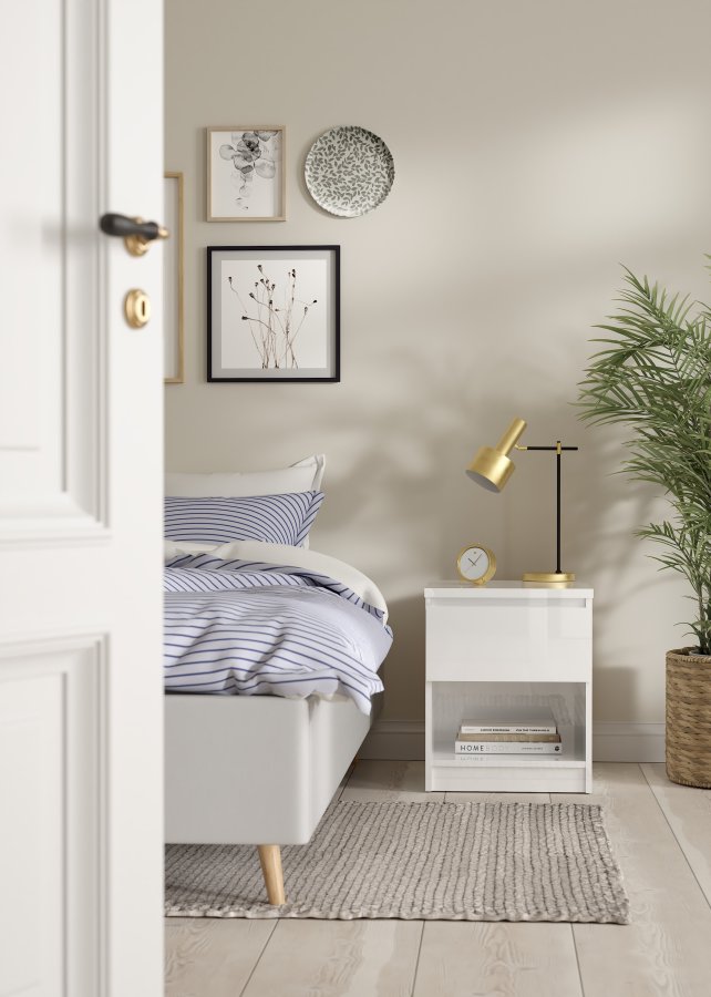 TVILUM Naia s&auml;ngbord - vit h&ouml;gglans tr&auml;, med 1 l�da