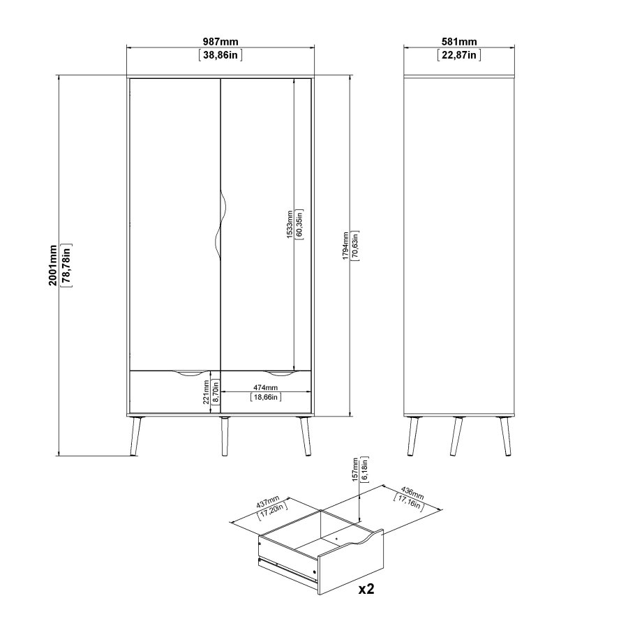 TVILUM Delta Kleiderschrank - Wei�/Eichenholzstruktur, mit 2 T�ren und 2 Schubladen