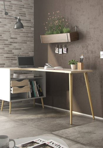 TVILUM Delta Skrivbord - Ekstomme / Vitt Tr&auml; med 2 L�dor