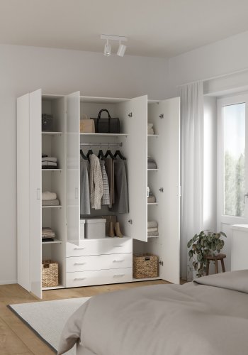 TVILUM Space Kleiderschrank - wei�/wei� Hochglanz, mit 4 T�ren und 3 Schubladen