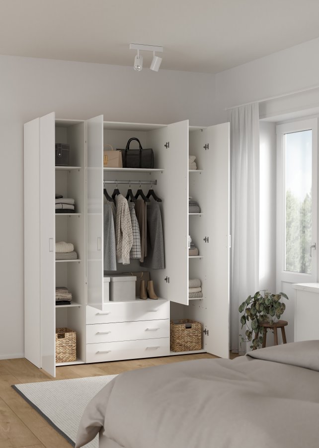 TVILUM Space Kleiderschrank - wei�/wei� Hochglanz, mit 4 T�ren und 3 Schubladen