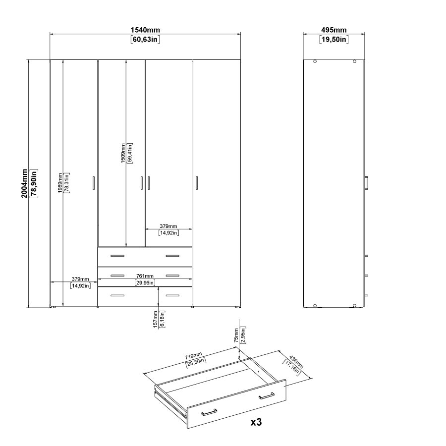 TVILUM Space Kleiderschrank - wei�/wei� Hochglanz, mit 4 T�ren und 3 Schubladen