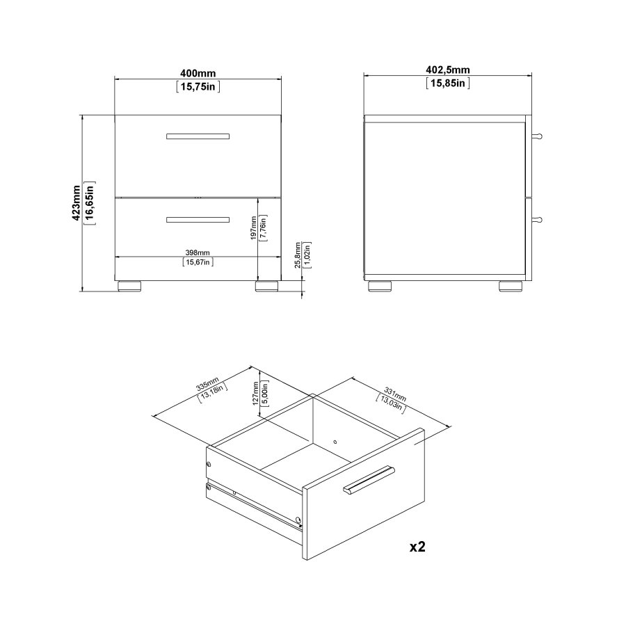 TWILUM Pepe nattbord - eikestruktur/hvit h�yglans, m. 2 skuffer 