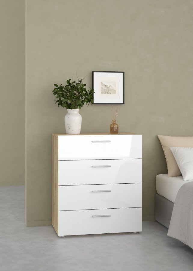 TVILUM Pepe kommode - egetr�sstruktur/hvid h�jglans, m. 4 skuffer 