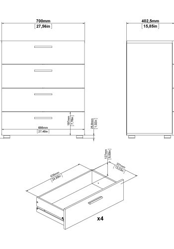 TVILUM Pepe kommode - egetr�sstruktur/hvid h�jglans, m. 4 skuffer 